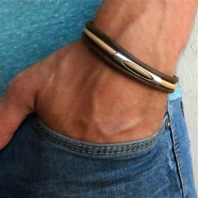  Chocolate and Beige Triple Layer Men's Bracelet with Oxidized Silver-Plated Element by Gal Cohen