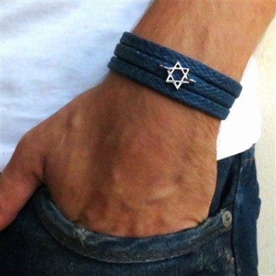 Blue Rope Triple Wrap Men's Bracelet with Oxidized Silver-Plated Star of David Element