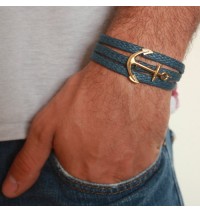  Blue Rope Triple Wrap Men's Bracelet with 24k Gold-Plated Anchor Element