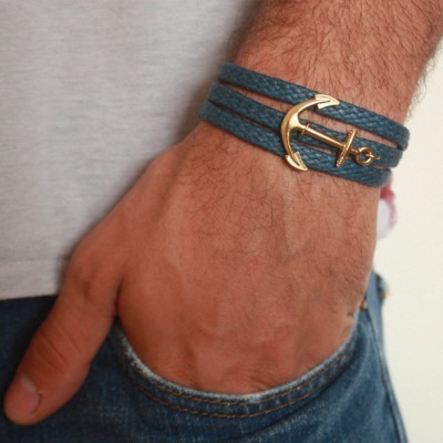  Blue Rope Triple Wrap Men's Bracelet with 24k Gold-Plated Anchor Element