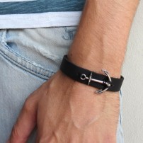  Black Leather Men's Bracelet with Oxidized Silver-Plated Anchor Element