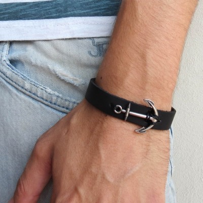  Black Leather Men's Bracelet with Oxidized Silver-Plated Anchor Element