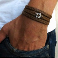 Tan Rope Triple Wrap Men's Bracelet with Oxidized Silver-Plated Star of David Element
