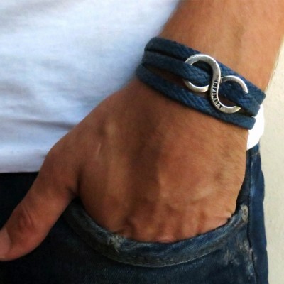 Blue Rope Triple Wrap Men's Bracelet with Oxidized Silver-Plated Infinity Element