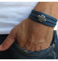 Blue Rope Triple Wrap Men's Bracelet with Oxidized Silver-Plated Quadruple Infinity Element