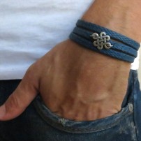 Blue Rope Triple Wrap Men's Bracelet with Oxidized Silver-Plated Quadruple Infinity Element