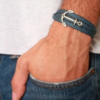 Blue Rope Triple Wrap Men's Bracelet with Oxidized Silver-Plated Anchor Element