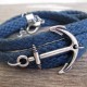 Blue Rope Triple Wrap Men's Bracelet with Oxidized Silver-Plated Anchor Element