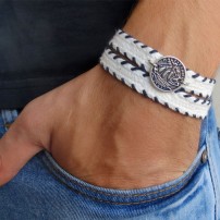 White with Navy Stitching Triple Wrap Men's Bracelet with Oxidized Silver-Plated Coin