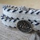 White with Navy Stitching Triple Wrap Men's Bracelet with Oxidized Silver-Plated Coin