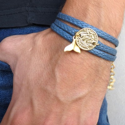 Blue Rope Triple Wrap Men's Bracelet with 24k Gold-Plated Coin & Whale's Tail Element