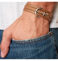 Tan Rope Triple Wrap Men's Bracelet with Oxidized Silver-Plated Anchor Element