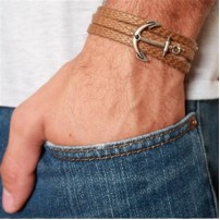 Tan Rope Triple Wrap Men's Bracelet with Oxidized Silver-Plated Anchor Element