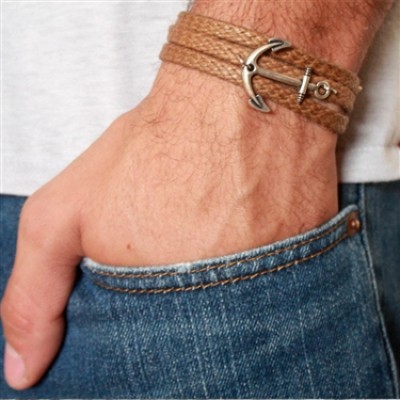 Tan Rope Triple Wrap Men's Bracelet with Oxidized Silver-Plated Anchor Element