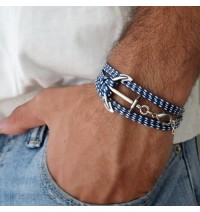 White and Blue Rope Triple Wrap Men's Bracelet with Oxidized Silver-Plated Anchor Element