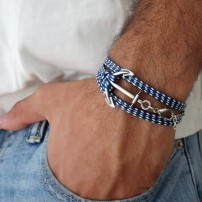 White and Blue Rope Triple Wrap Men's Bracelet with Oxidized Silver-Plated Anchor Element