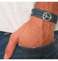 Blue Rope Triple Wrap Men's Bracelet with Oxidized Silver-Plated Peace Symbol