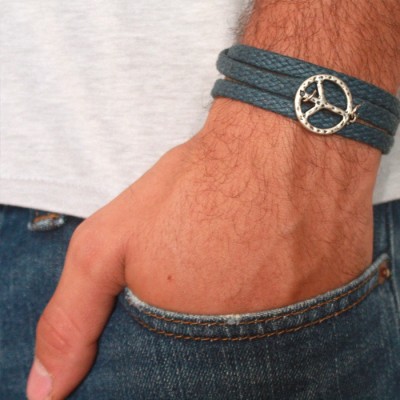 Blue Rope Triple Wrap Men's Bracelet with Oxidized Silver-Plated Peace Symbol