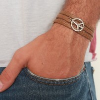 Tan Rope Triple Wrap Men's Bracelet with Oxidized Silver-Plated Peace Symbol