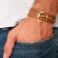 Tan Rope Triple Wrap Men's Bracelet with 24k Gold-Plated Anchor Element