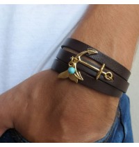   Chocolate Leather Triple Wrap Men's Bracelet with 24k Gold-Plated Anchor, Whale's Tail and Turquoise Bead