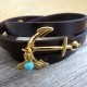   Chocolate Leather Triple Wrap Men's Bracelet with 24k Gold-Plated Anchor, Whale's Tail and Turquoise Bead