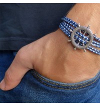 Blue and White Rope Triple Wrap Men's Bracelet with Oxidized Silver-Plated Helm