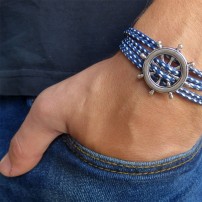 Blue and White Rope Triple Wrap Men's Bracelet with Oxidized Silver-Plated Helm