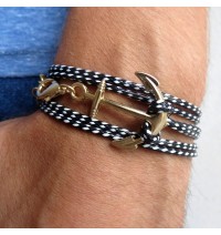 Black and White Rope Triple Wrap Men's Bracelet with 24k Gold-plated Anchor Element