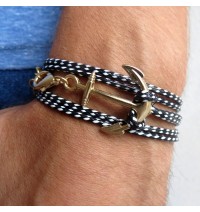 Black and White Rope Triple Wrap Men's Bracelet with 24k Gold-plated Anchor Element