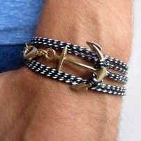 Black and White Rope Triple Wrap Men's Bracelet with 24k Gold-plated Anchor Element