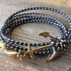 Black and White Rope Triple Wrap Men's Bracelet with 24k Gold-plated Anchor Element