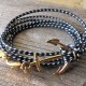 Black and White Rope Triple Wrap Men's Bracelet with 24k Gold-plated Anchor Element