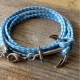 Sky Blue and White Rope Triple Wrap Men's Bracelet with 24k Gold-plated Anchor Element