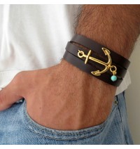   Chocolate Leather Triple Wrap Men's Bracelet with 24k Gold-Plated Anchor and Sky Blue Bead