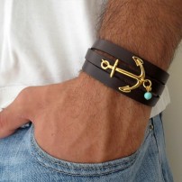   Chocolate Leather Triple Wrap Men's Bracelet with 24k Gold-Plated Anchor and Sky Blue Bead