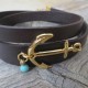   Chocolate Leather Triple Wrap Men's Bracelet with 24k Gold-Plated Anchor and Sky Blue Bead
