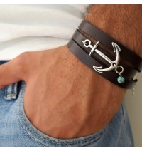   Chocolate Leather Triple Wrap Men's Bracelet with Oxidized Silver-Plated Anchor and Sky Blue Bead