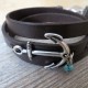  Chocolate Leather Triple Wrap Men's Bracelet with Oxidized Silver-Plated Anchor and Sky Blue Bead