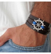  Chocolate Leather Triple Wrap Men's Bracelet with Oxidized Silver-Plated Helm