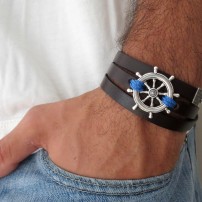  Chocolate Leather Triple Wrap Men's Bracelet with Oxidized Silver-Plated Helm