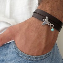  Chocolate Leather Double Wrap Men's Bracelet with Oxidized Silver-Plated Whale's Tail and Sky Blue Bead