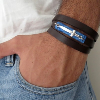  Chocolate Leather Triple Wrap Men's Bracelet with Oxidized Silver-Plated Sword and Blue Thread