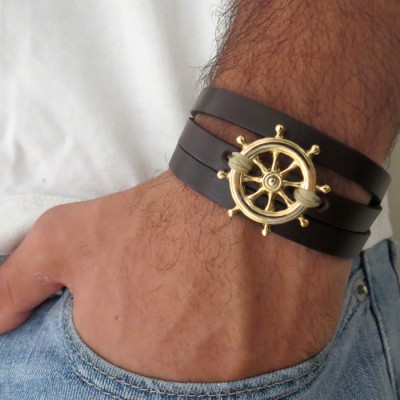  Chocolate Leather Triple Wrap Men's Bracelet with Oxidized Silver-Plated Helm Element