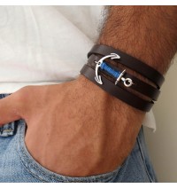  Chocolate Leather Triple Wrap Men's Bracelet with Oxidized Silver-Plated Anchor and Blue Thread