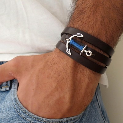  Chocolate Leather Triple Wrap Men's Bracelet with Oxidized Silver-Plated Anchor and Blue Thread