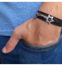 Black String Triple Wrap Men's Bracelet with Oxidized Silver-Plated Star of David