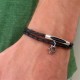 Black Leather Double-Wrap Men's Bracelet with Oxidized Silver-Plated Star of David and Cylinder