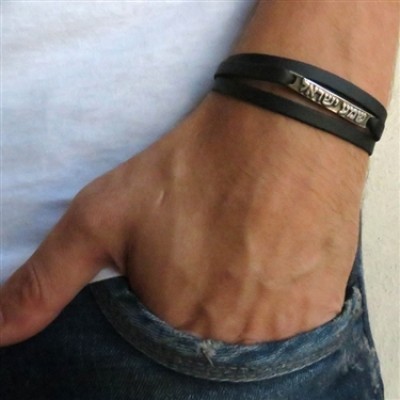 Black Leather Triple-Wrap Men's Bracelet with Oxidized Silver-Plated Shema Israel Plaque by Gal Cohen