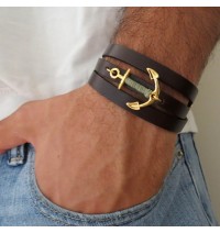 Brown Leather Triple-Wrap Men's Bracelet with 24k Gold-Plated Anchor with Teal Thread by Gal Cohen